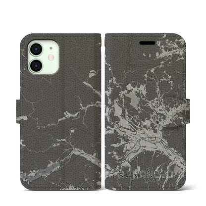 【中之条（群馬県）】地図柄iPhoneケース（手帳タイプ）モノトーン・iPhone 12 mini 用