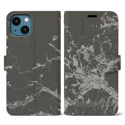 【中之条（群馬県）】地図柄iPhoneケース（手帳タイプ）モノトーン・iPhone 13 用