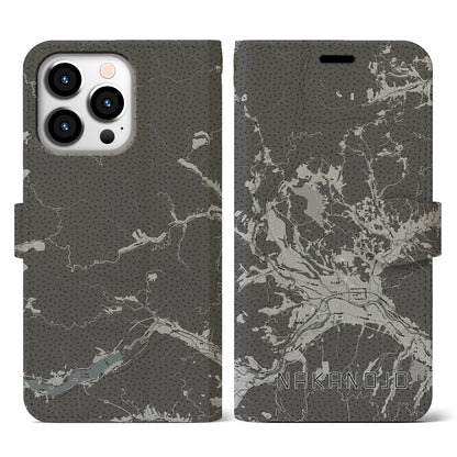 【中之条（群馬県）】地図柄iPhoneケース（手帳タイプ）モノトーン・iPhone 13 Pro 用