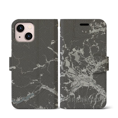 【中之条（群馬県）】地図柄iPhoneケース（手帳タイプ）モノトーン・iPhone 13 mini 用