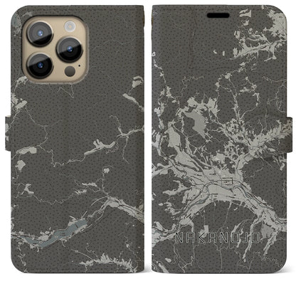 【中之条（群馬県）】地図柄iPhoneケース（手帳タイプ）モノトーン・iPhone 14 Pro Max 用