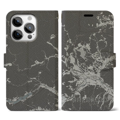 【中之条（群馬県）】地図柄iPhoneケース（手帳タイプ）モノトーン・iPhone 14 Pro 用