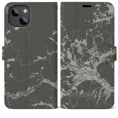 【中之条（群馬県）】地図柄iPhoneケース（手帳タイプ）モノトーン・iPhone 14 Plus 用