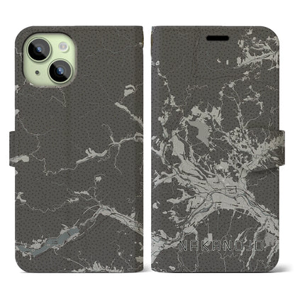 【中之条（群馬県）】地図柄iPhoneケース（手帳タイプ）モノトーン・iPhone 15 用