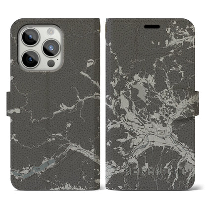 【中之条（群馬県）】地図柄iPhoneケース（手帳タイプ）モノトーン・iPhone 15 Pro 用