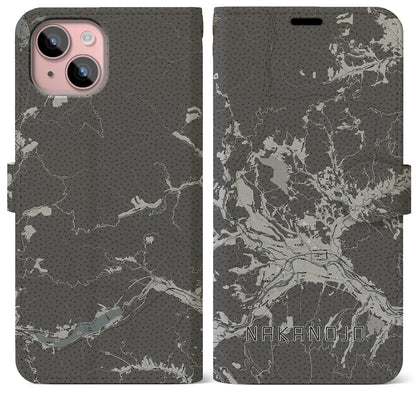 【中之条（群馬県）】地図柄iPhoneケース（手帳タイプ）モノトーン・iPhone 15 Plus 用