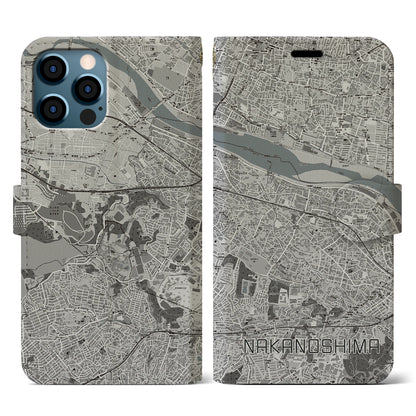 【中野島（神奈川県）】地図柄iPhoneケース（手帳タイプ）モノトーン・iPhone 12 / 12 Pro 用