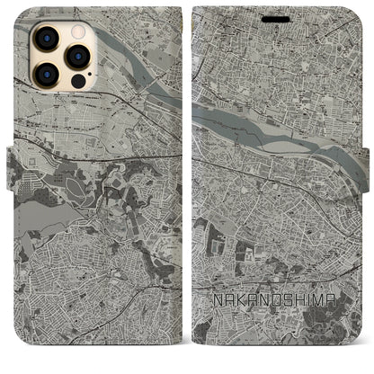 【中野島（神奈川県）】地図柄iPhoneケース（手帳タイプ）モノトーン・iPhone 12 Pro Max 用