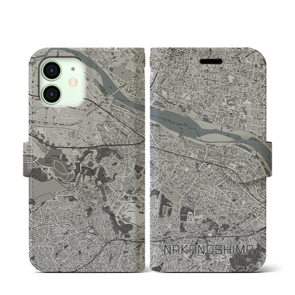 【中野島（神奈川県）】地図柄iPhoneケース（手帳タイプ）モノトーン・iPhone 12 mini 用