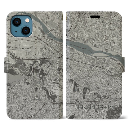 【中野島（神奈川県）】地図柄iPhoneケース（手帳タイプ）モノトーン・iPhone 13 用