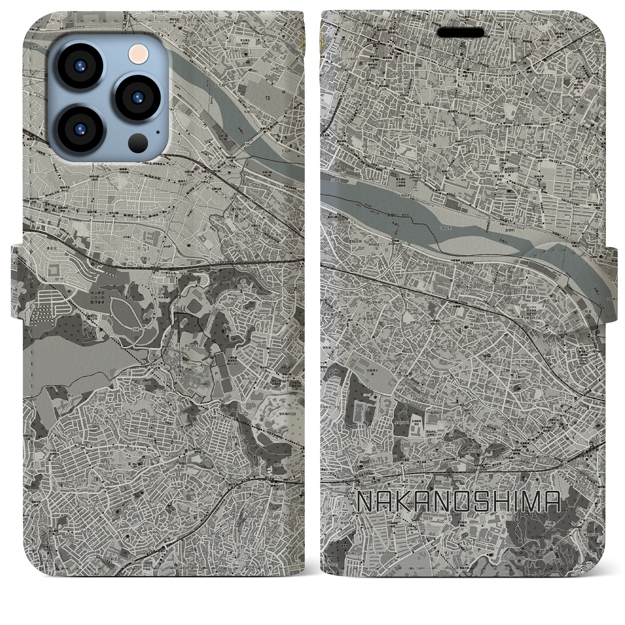 【中野島】地図柄iPhoneケース（手帳両面タイプ・モノトーン）iPhone 13 Pro Max 用