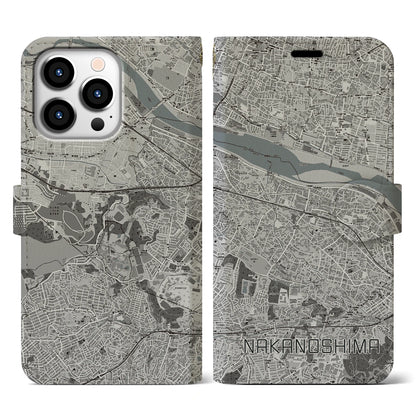 【中野島（神奈川県）】地図柄iPhoneケース（手帳タイプ）モノトーン・iPhone 13 Pro 用