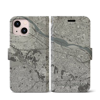 【中野島（神奈川県）】地図柄iPhoneケース（手帳タイプ）モノトーン・iPhone 13 mini 用