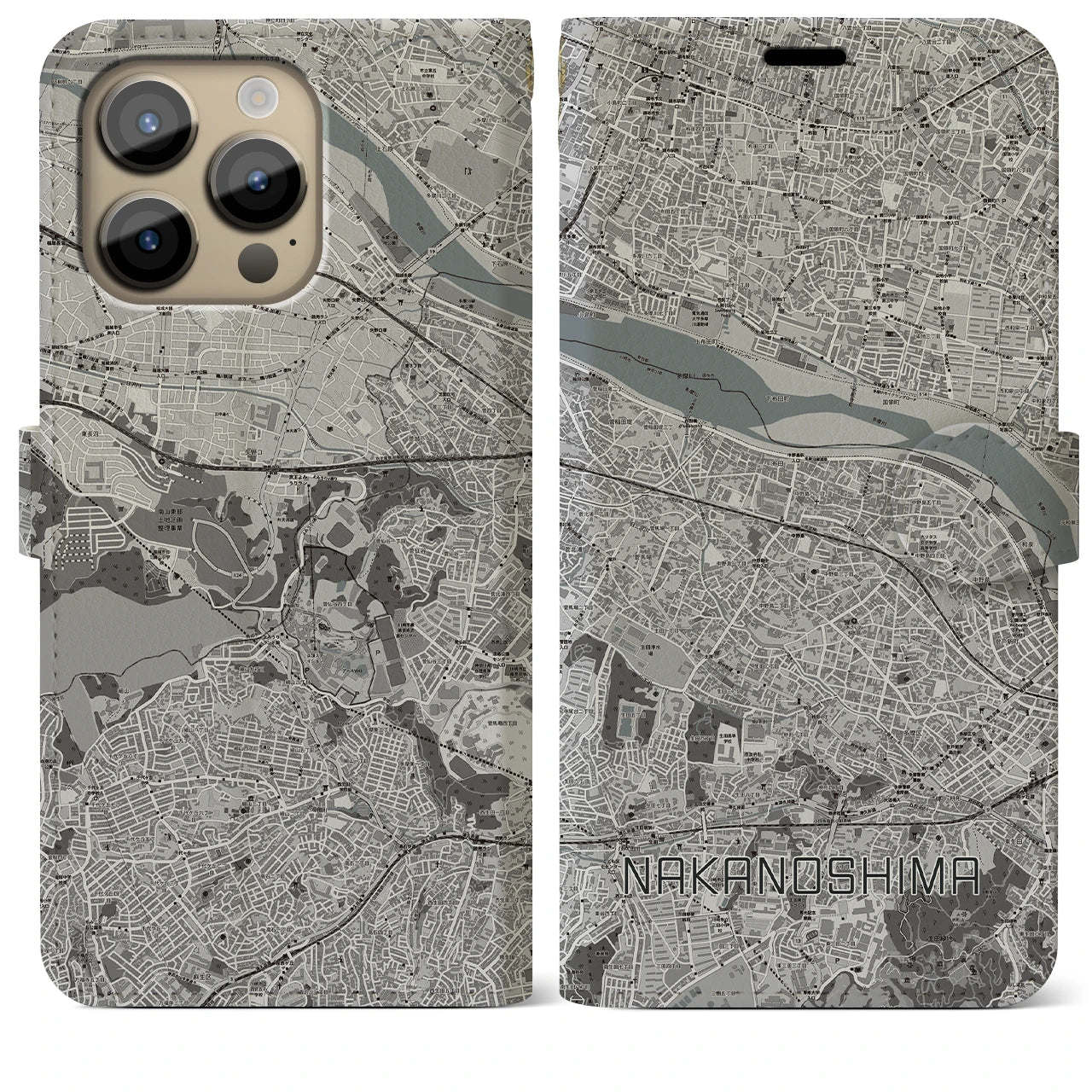 【中野島】地図柄iPhoneケース（手帳両面タイプ・モノトーン）iPhone 14 Pro Max 用