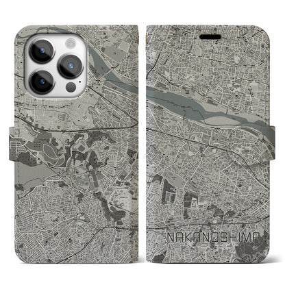 【中野島（神奈川県）】地図柄iPhoneケース（手帳タイプ）モノトーン・iPhone 14 Pro 用