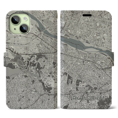 【中野島（神奈川県）】地図柄iPhoneケース（手帳タイプ）モノトーン・iPhone 15 用