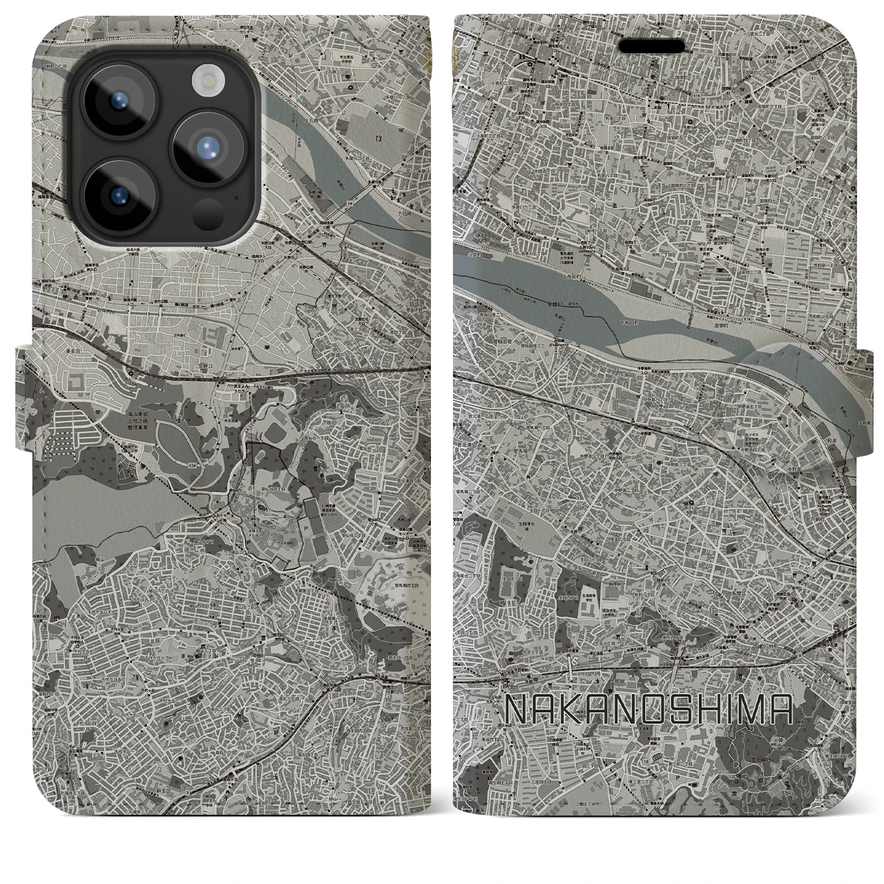 【中野島】地図柄iPhoneケース（手帳両面タイプ・モノトーン）iPhone 15 Pro Max 用