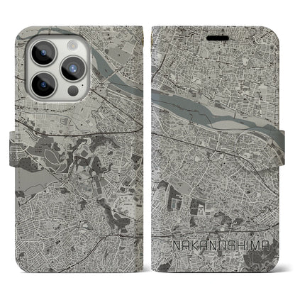 【中野島（神奈川県）】地図柄iPhoneケース（手帳タイプ）モノトーン・iPhone 15 Pro 用