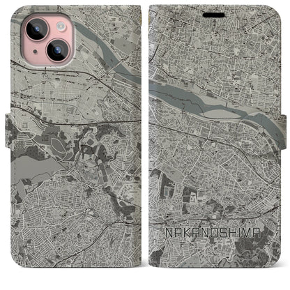【中野島（神奈川県）】地図柄iPhoneケース（手帳タイプ）モノトーン・iPhone 15 Plus 用