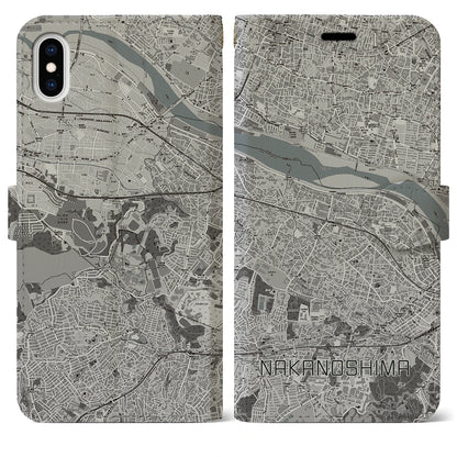 【中野島（神奈川県）】地図柄iPhoneケース（手帳タイプ）モノトーン・iPhone XS Max 用