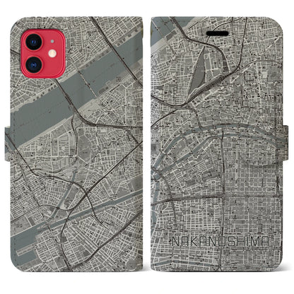 【中之島（大阪府）】地図柄iPhoneケース（手帳タイプ）モノトーン・iPhone 11 用