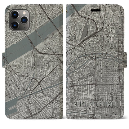 【中之島（大阪府）】地図柄iPhoneケース（手帳タイプ）モノトーン・iPhone 11 Pro Max 用