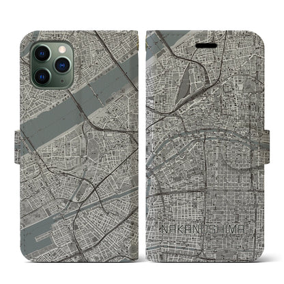 【中之島（大阪府）】地図柄iPhoneケース（手帳タイプ）モノトーン・iPhone 11 Pro 用