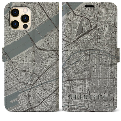 【中之島（大阪府）】地図柄iPhoneケース（手帳タイプ）モノトーン・iPhone 12 Pro Max 用