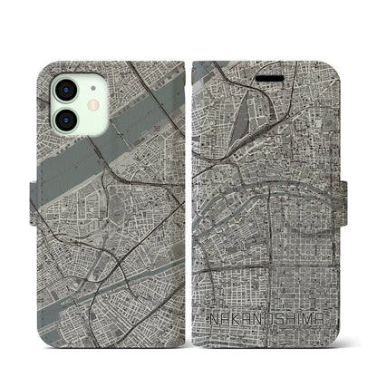 【中之島（大阪府）】地図柄iPhoneケース（手帳タイプ）モノトーン・iPhone 12 mini 用