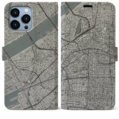【中之島（大阪府）】地図柄iPhoneケース（手帳タイプ）モノトーン・iPhone 13 Pro Max 用