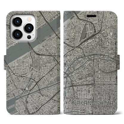 【中之島（大阪府）】地図柄iPhoneケース（手帳タイプ）モノトーン・iPhone 13 Pro 用
