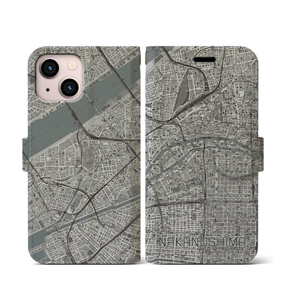 【中之島（大阪府）】地図柄iPhoneケース（手帳タイプ）モノトーン・iPhone 13 mini 用