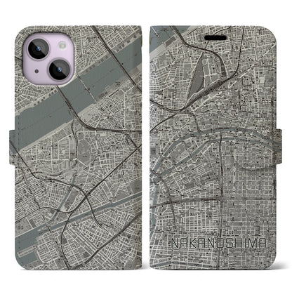 【中之島（大阪府）】地図柄iPhoneケース（手帳タイプ）モノトーン・iPhone 14 用
