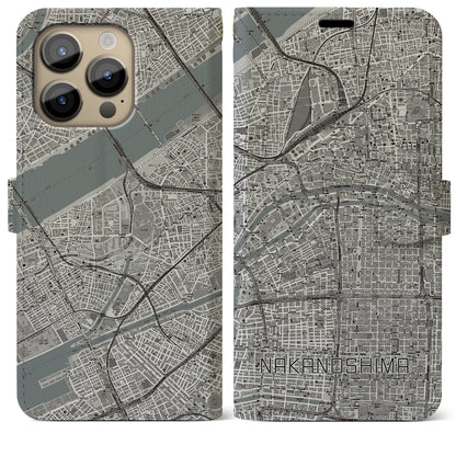 【中之島（大阪府）】地図柄iPhoneケース（手帳タイプ）モノトーン・iPhone 14 Pro Max 用
