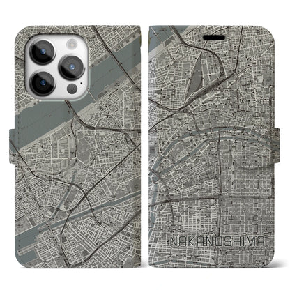 【中之島（大阪府）】地図柄iPhoneケース（手帳タイプ）モノトーン・iPhone 14 Pro 用