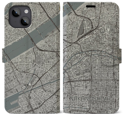 【中之島（大阪府）】地図柄iPhoneケース（手帳タイプ）モノトーン・iPhone 14 Plus 用
