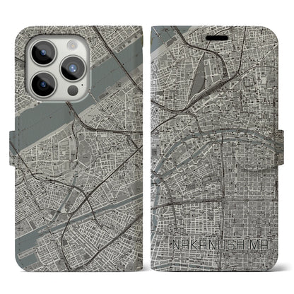【中之島（大阪府）】地図柄iPhoneケース（手帳タイプ）モノトーン・iPhone 15 Pro 用