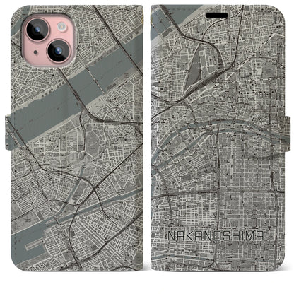 【中之島（大阪府）】地図柄iPhoneケース（手帳タイプ）モノトーン・iPhone 15 Plus 用