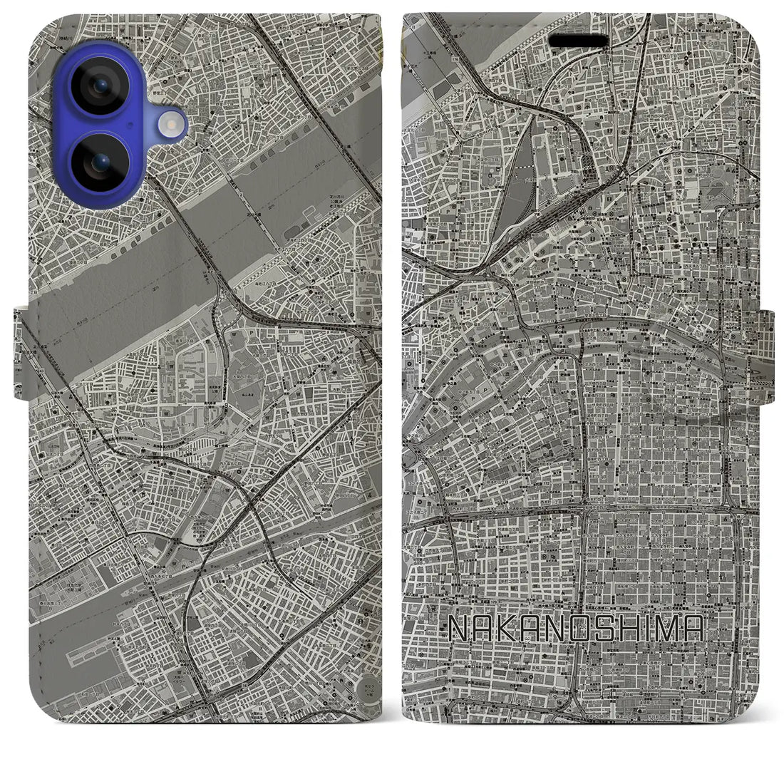 【中之島(大阪府)】地図柄iPhoneケース(手帳タイプ)モノトーン・iPhone 16 Pro Max 用