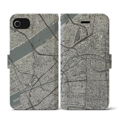 【中之島（大阪府）】地図柄iPhoneケース（手帳タイプ）モノトーン・iPhone SE（第3 / 第2世代） / 8 / 7 / 6s / 6 用