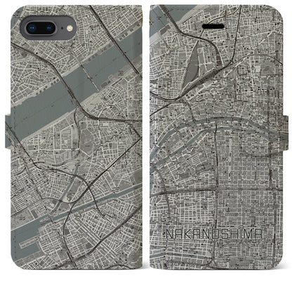 【中之島（大阪府）】地図柄iPhoneケース（手帳タイプ）モノトーン・iPhone 8Plus /7Plus / 6sPlus / 6Plus 用