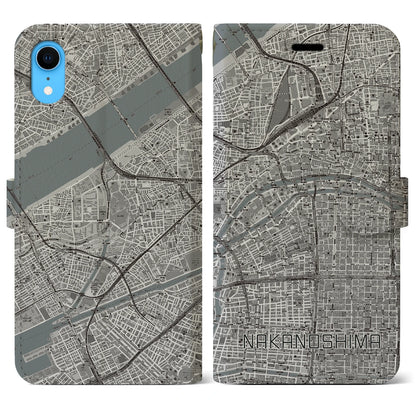 【中之島（大阪府）】地図柄iPhoneケース（手帳タイプ）モノトーン・iPhone XR 用