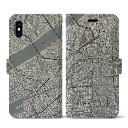 【中之島（大阪府）】地図柄iPhoneケース（手帳タイプ）モノトーン・iPhone XS / X 用