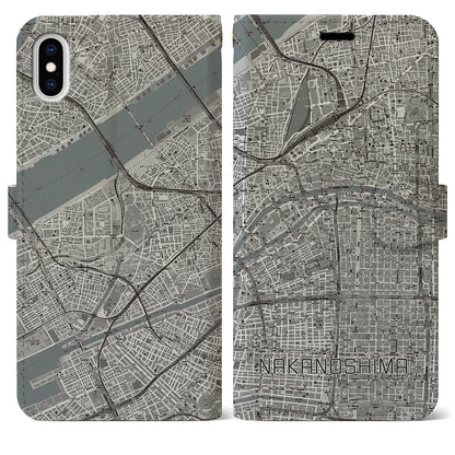 【中之島（大阪府）】地図柄iPhoneケース（手帳タイプ）モノトーン・iPhone XS Max 用