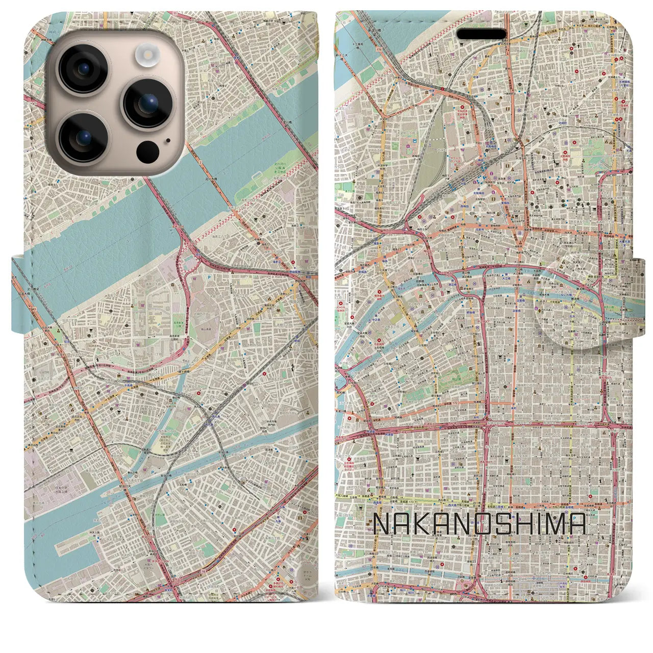 【中之島（大阪府）】地図柄iPhoneケース（手帳タイプ）ナチュラル・iPhone 16 Plus 用