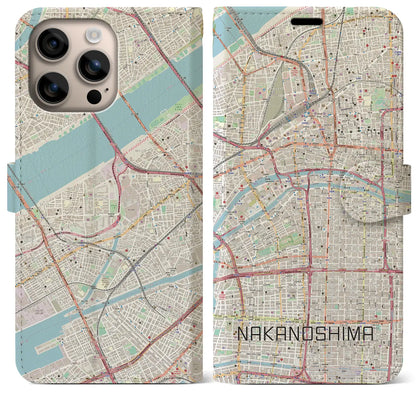 【中之島（大阪府）】地図柄iPhoneケース（手帳タイプ）ナチュラル・iPhone 16 Plus 用