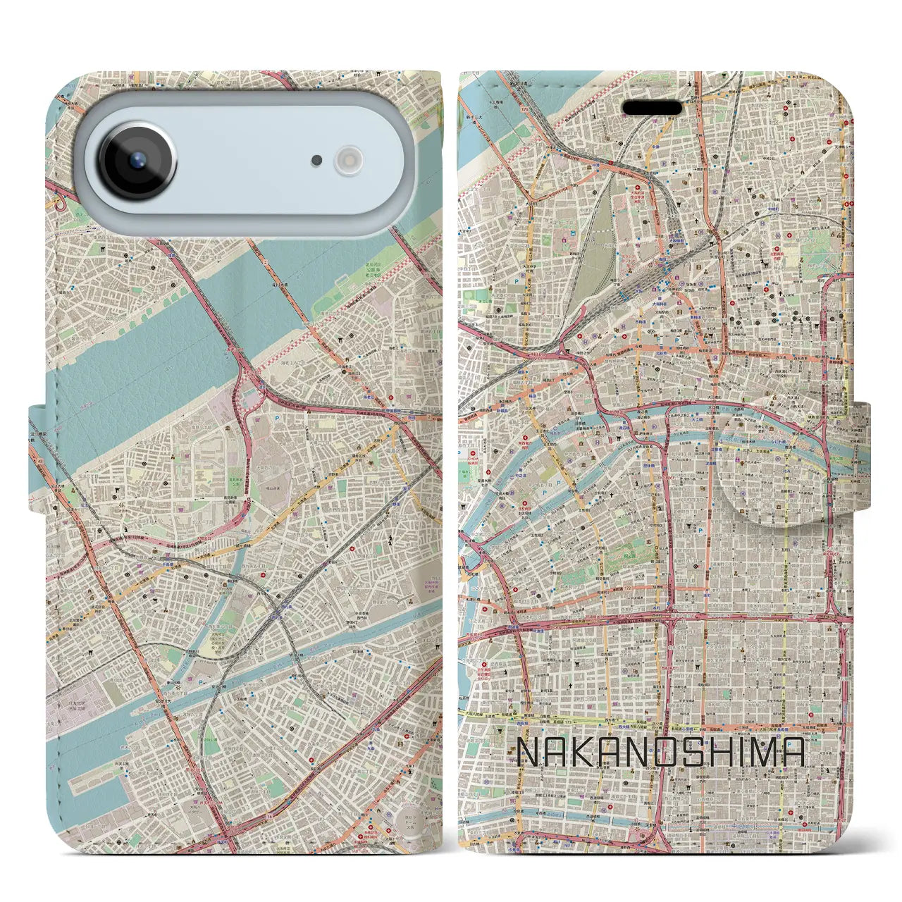 【中之島（大阪府）】地図柄iPhoneケース（手帳タイプ）ナチュラル・iPhone 17 Pro Max 用