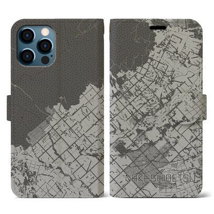 【中標津（北海道）】地図柄iPhoneケース（手帳タイプ）モノトーン・iPhone 12 / 12 Pro 用