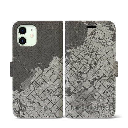 【中標津（北海道）】地図柄iPhoneケース（手帳タイプ）モノトーン・iPhone 12 mini 用