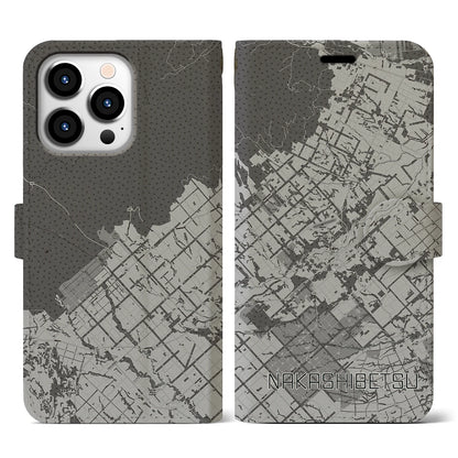 【中標津（北海道）】地図柄iPhoneケース（手帳タイプ）モノトーン・iPhone 13 Pro 用